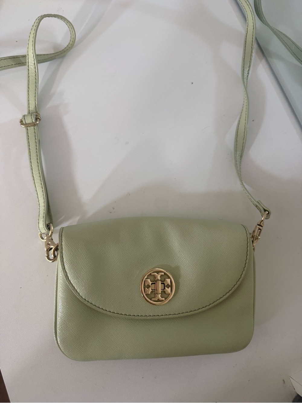 Tory Burch Light Green Crossbody with Gold Logo
